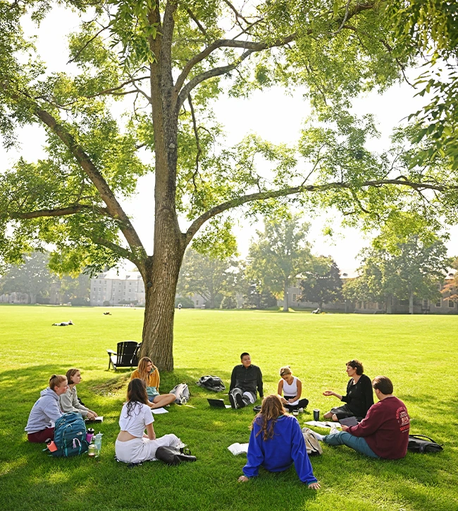 Students sitting in a circle on a campus lawn under a large tree
