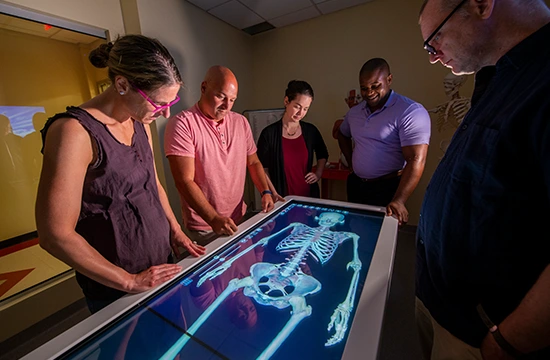 Five people gathered around an interactive table displaying a human skeleton image.